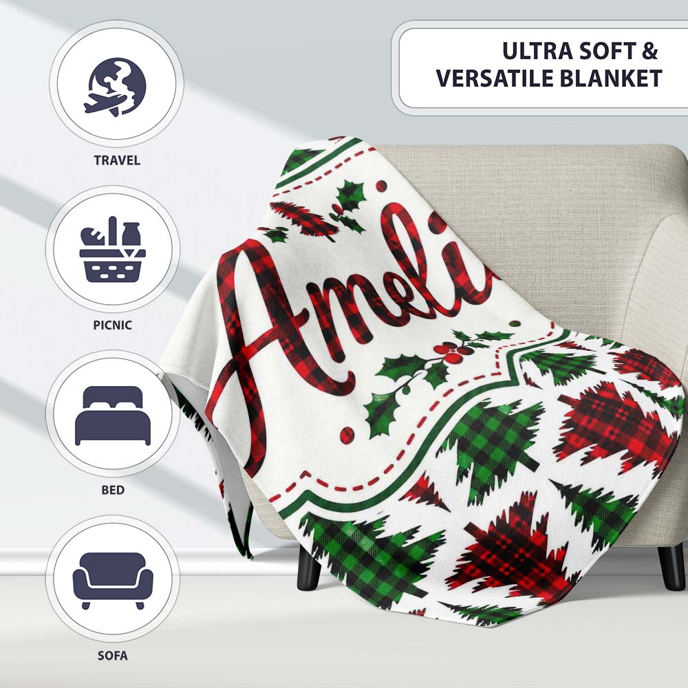 Buffalo Plaid Christmas Trees in Red and Green Rustic Seamless  Personalised Custom Name Super Soft Fleece Blanket Bed Sofa Throw