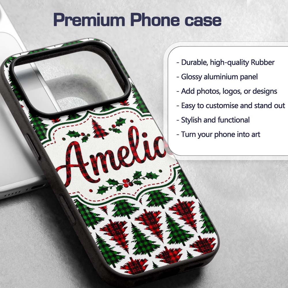 Buffalo Plaid Christmas Trees in Red and Green Custom Name Protective Phone Case Mobile Cover Durable Everyday Smartphone Shock Resistant