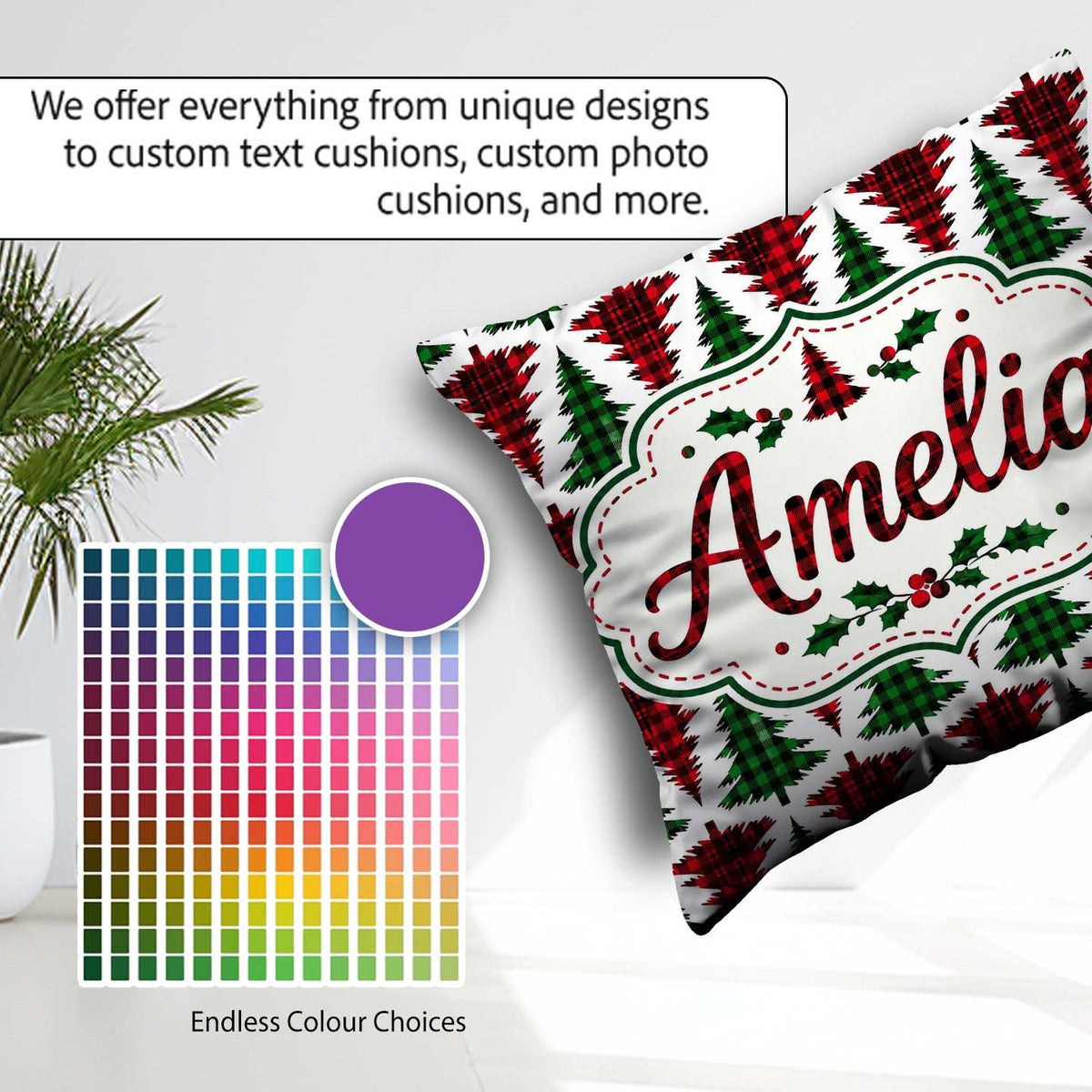 Custom Name Buffalo Plaid Trees in Red and Green Rustic Seamless Square Filled Cushion Throw Pillow Sofa Bed Home Decor Zip Washable UK Made
