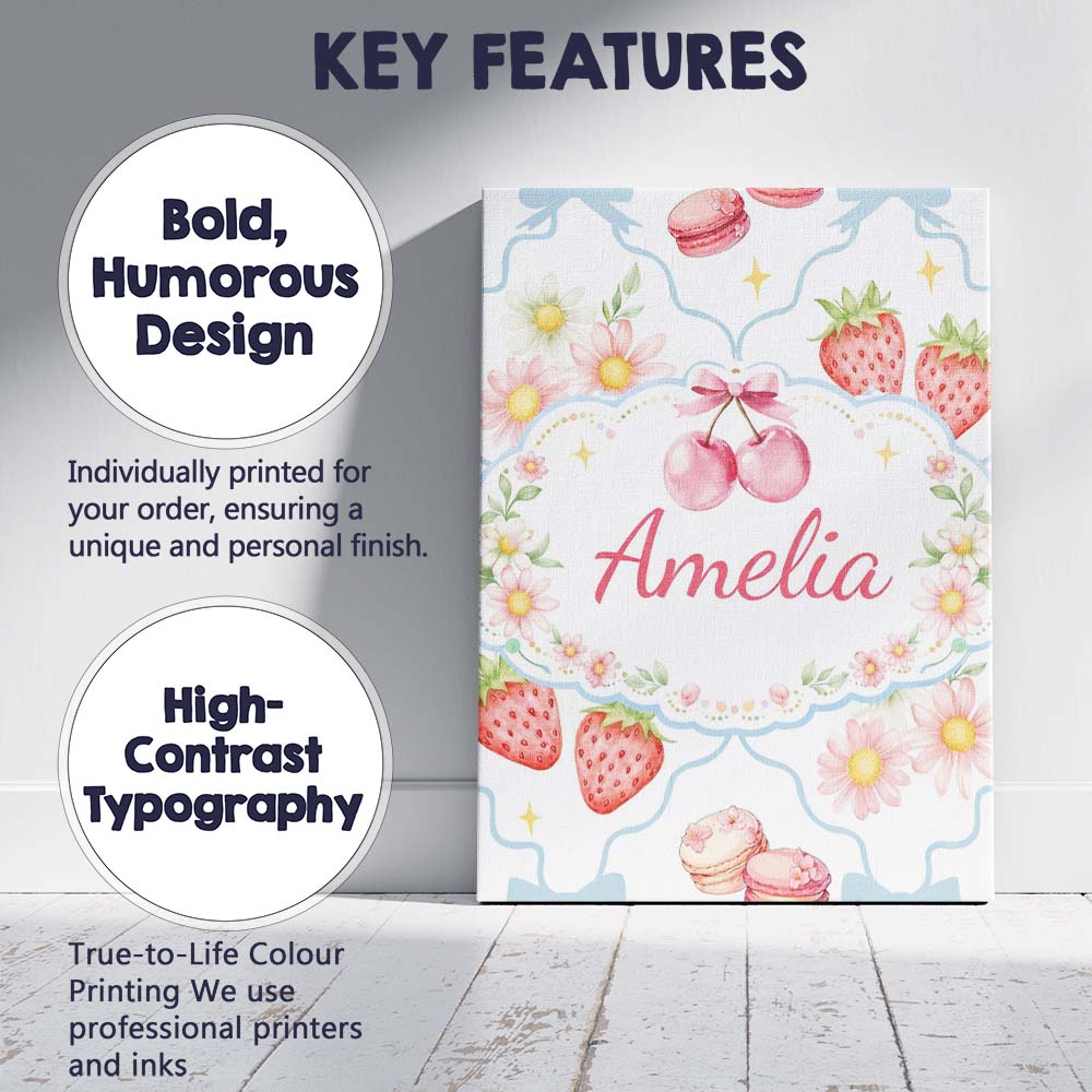 Personalised Name Strawberry Cherry Daisy White Blue Outline Cute Custom  Bespoke Canvas Wall Art Print Decor Picture Ready to Hang