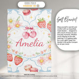 Strawberry Cherry Daisy White Blue Outline Cute Coquette Floral  Personalised Custom Name Super Soft Fleece Blanket Bed Sofa Throw