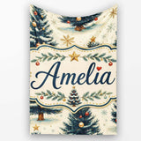 Watercolor Snowy Christmas Trees with Gold Snowflakes Seamless  Personalised Custom Name Super Soft Fleece Blanket Bed Sofa Throw
