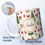 Personalized Custom Name Festive Winter Tree Baubles Ribbon Cocoa Mug Seamless Pattern Lovely 11oz Ceramic Coffee Tea Mug White Large Handle