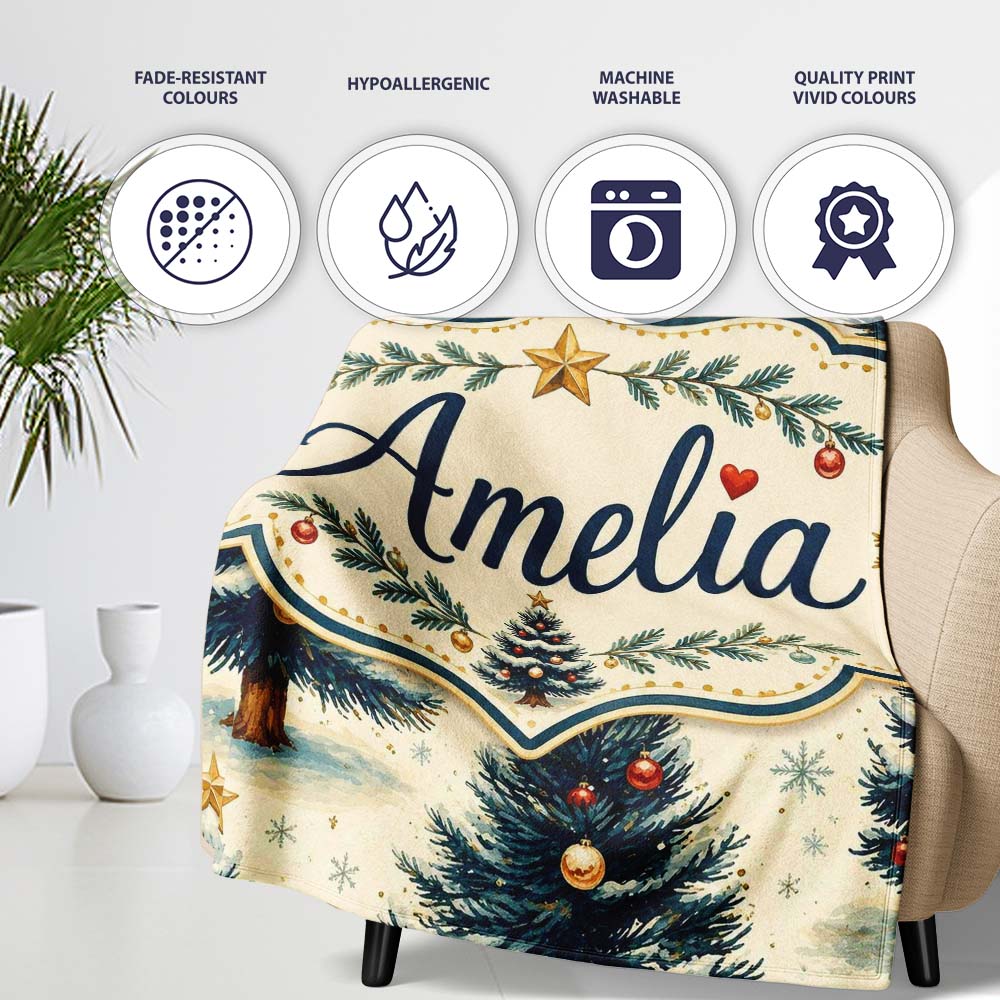 Watercolor Snowy Christmas Trees with Gold Snowflakes Seamless  Personalised Custom Name Super Soft Fleece Blanket Bed Sofa Throw