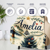 Watercolor Snowy Christmas Trees with Gold Snowflakes Seamless  Personalised Custom Name Super Soft Fleece Blanket Bed Sofa Throw