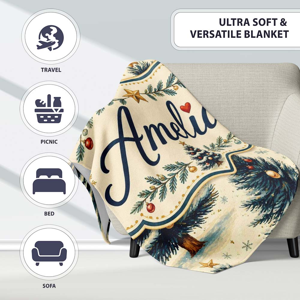 Watercolor Snowy Christmas Trees with Gold Snowflakes Seamless  Personalised Custom Name Super Soft Fleece Blanket Bed Sofa Throw