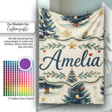 Watercolor Snowy Christmas Trees with Gold Snowflakes Seamless  Personalised Custom Name Super Soft Fleece Blanket Bed Sofa Throw