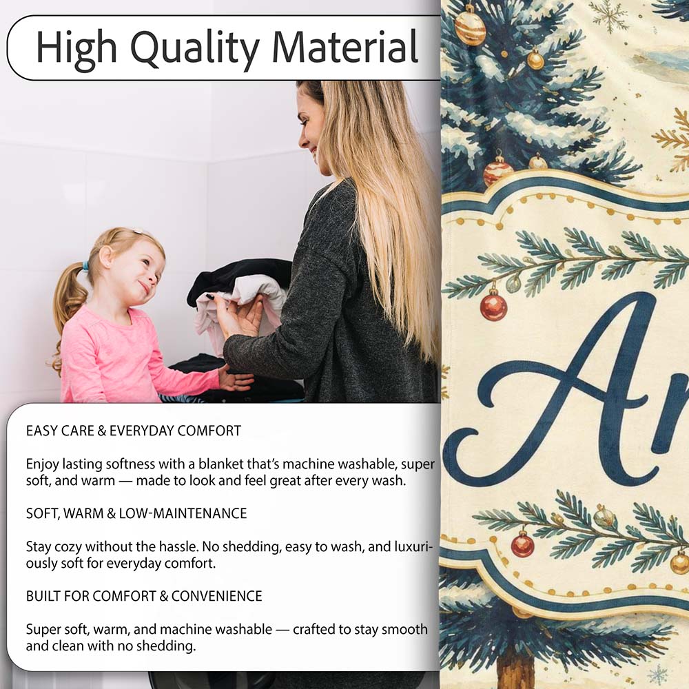 Watercolor Snowy Christmas Trees with Gold Snowflakes Seamless  Personalised Custom Name Super Soft Fleece Blanket Bed Sofa Throw
