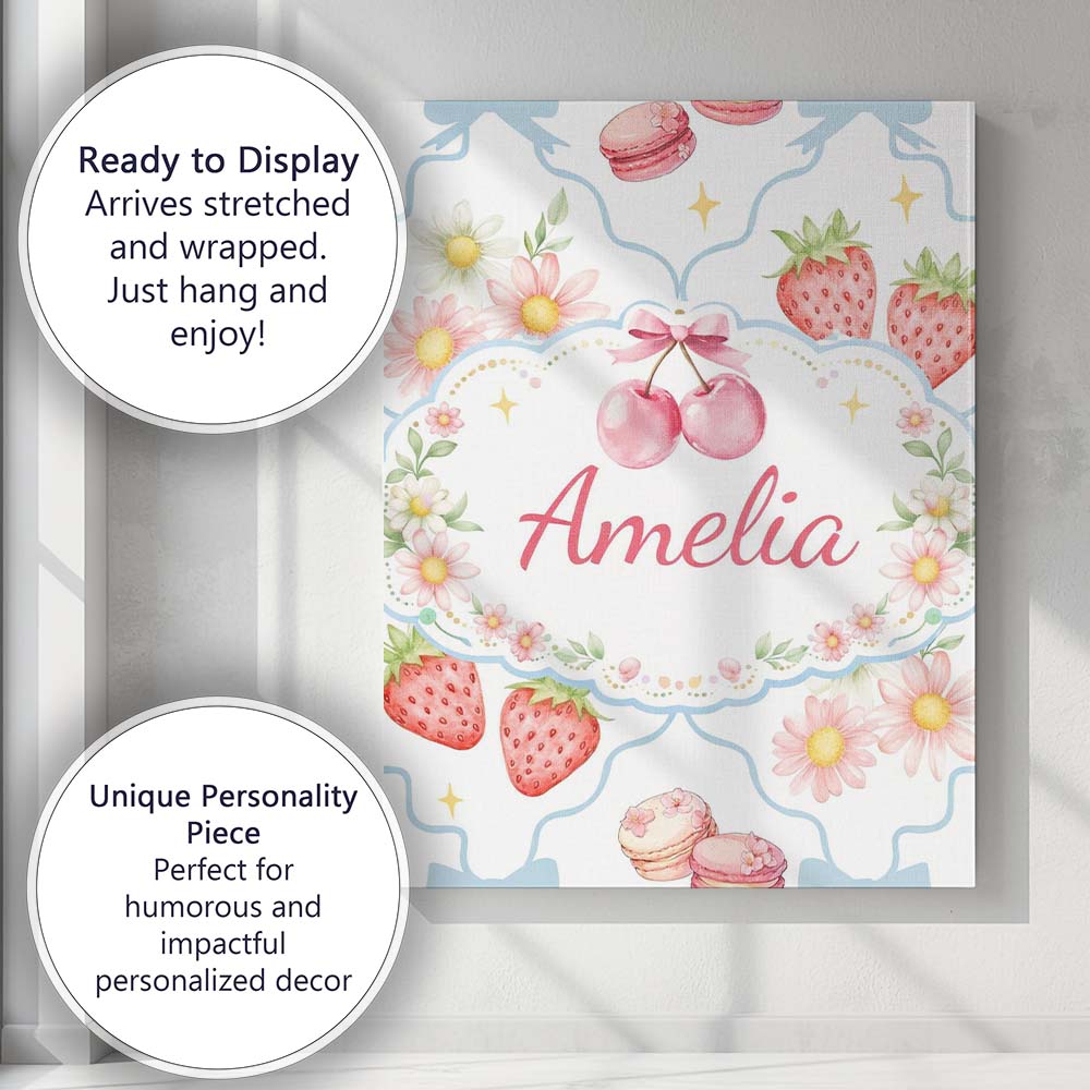 Personalised Name Strawberry Cherry Daisy White Blue Outline Cute Custom  Bespoke Canvas Wall Art Print Decor Picture Ready to Hang