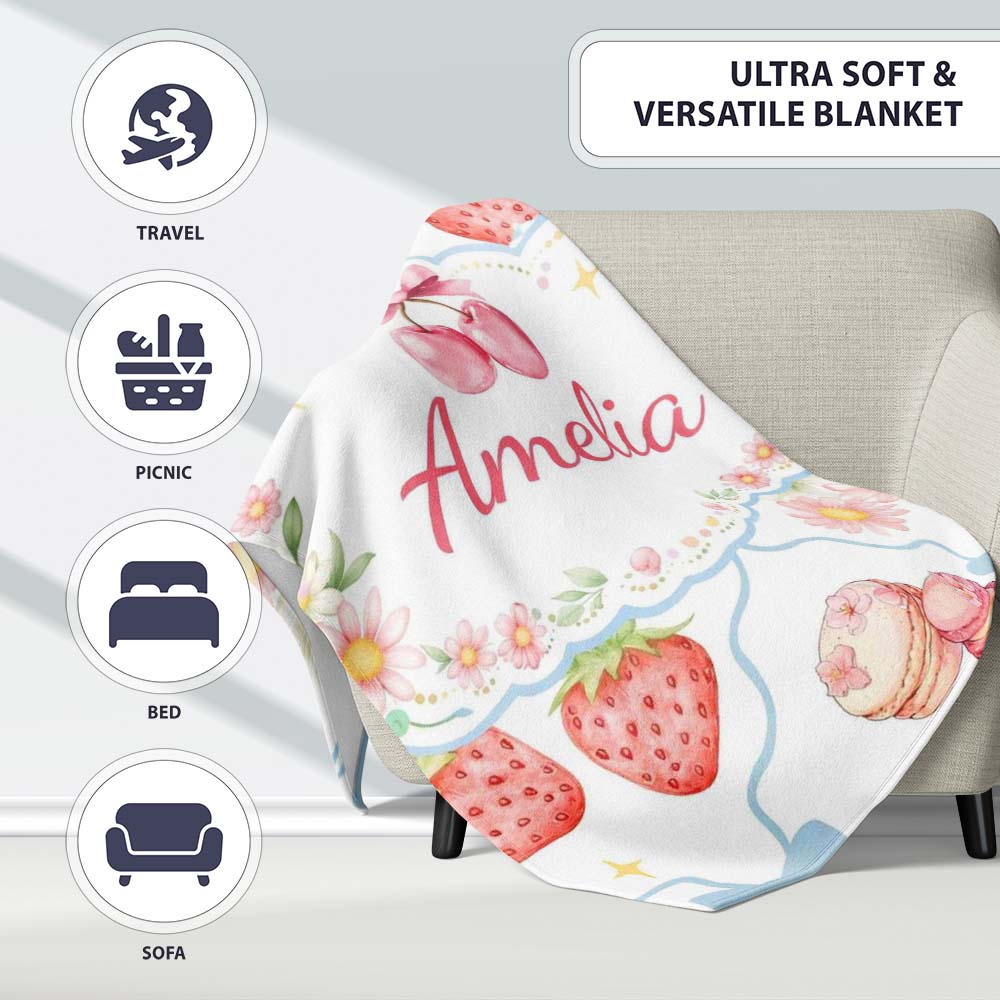 Strawberry Cherry Daisy White Blue Outline Cute Coquette Floral  Personalised Custom Name Super Soft Fleece Blanket Bed Sofa Throw