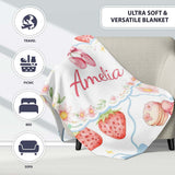 Strawberry Cherry Daisy White Blue Outline Cute Coquette Floral  Personalised Custom Name Super Soft Fleece Blanket Bed Sofa Throw