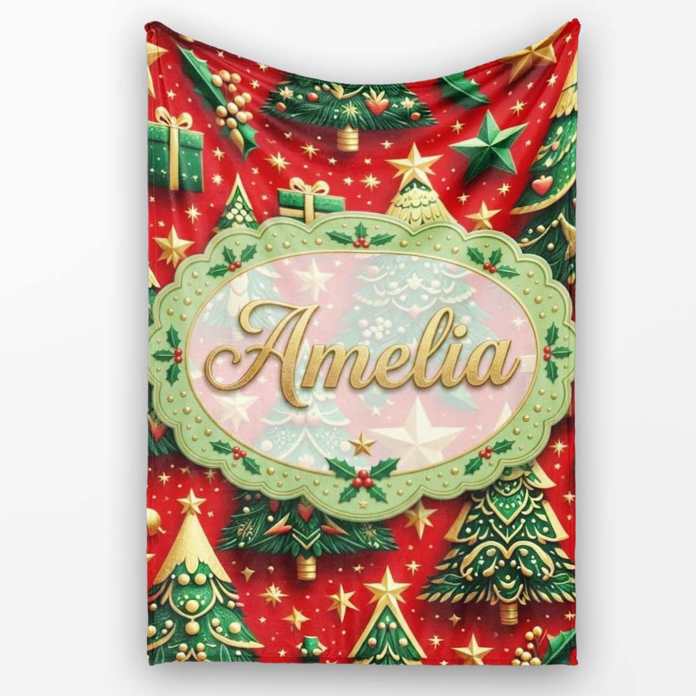 Luxury Christmas Trees with Gold Stars Gifts and Ornaments on Red  Personalised Custom Name Super Soft Fleece Blanket Bed Sofa Throw
