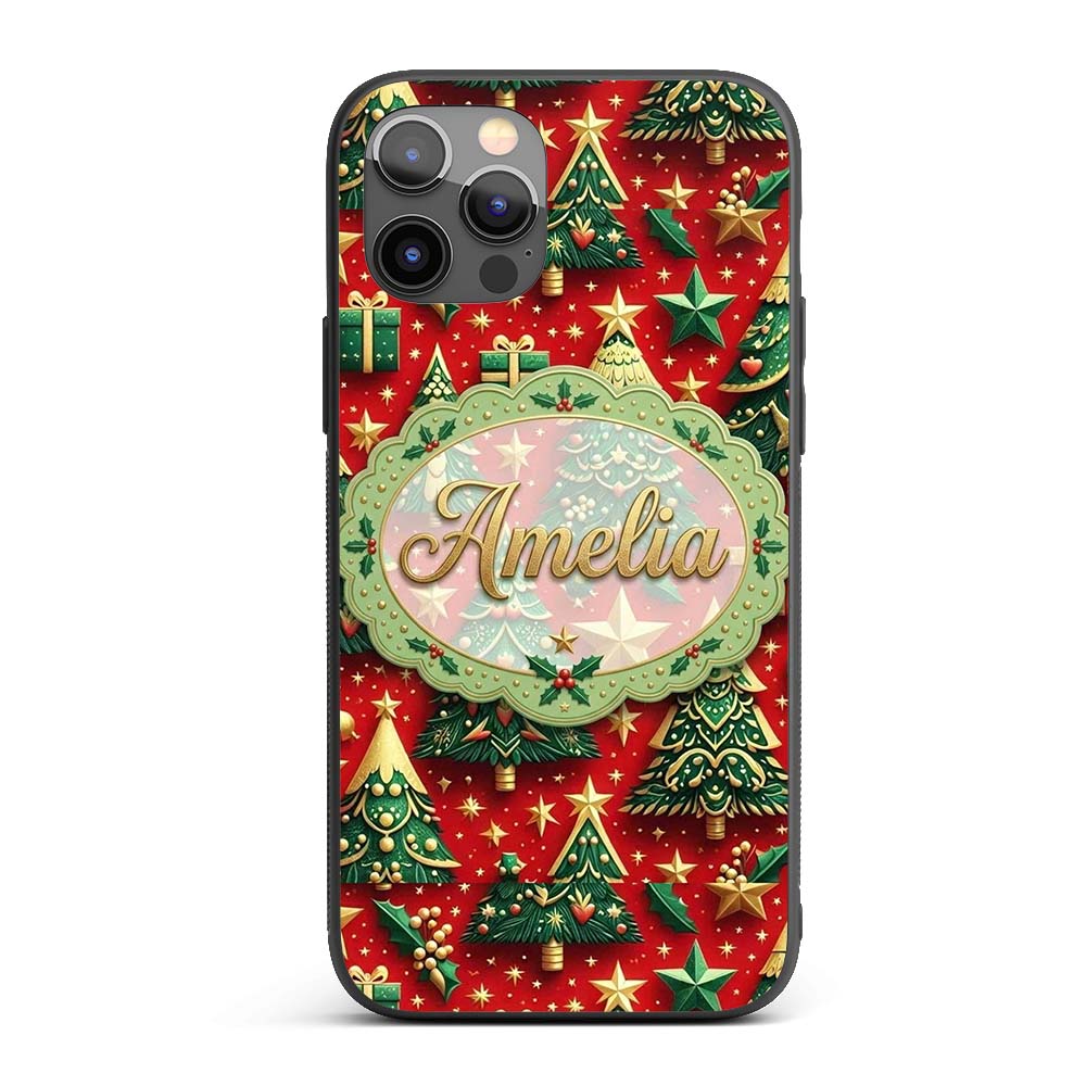 Luxury Christmas Trees with Gold Stars Gifts and Custom Name Protective Phone Case Mobile Cover Durable Everyday Smartphone Shock Resistant