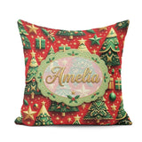 Custom Name Luxury Christmas Trees with Gold Stars Gifts and Red Square Filled Cushion Throw Pillow Sofa Bed Home Decor Zip Washable UK Made