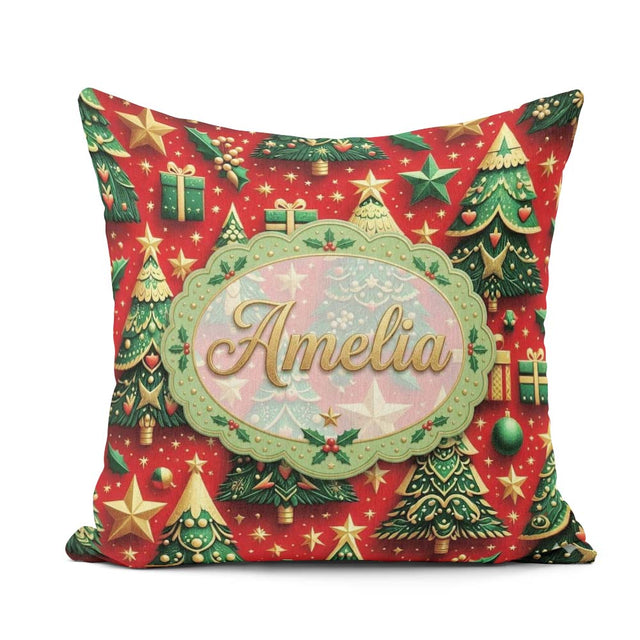 Custom Name Luxury Christmas Trees with Gold Stars Gifts and Red Square Filled Cushion Throw Pillow Sofa Bed Home Decor Zip Washable UK Made