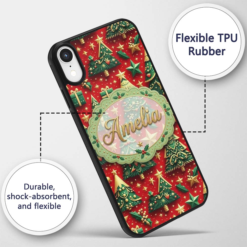 Luxury Christmas Trees with Gold Stars Gifts and Custom Name Protective Phone Case Mobile Cover Durable Everyday Smartphone Shock Resistant