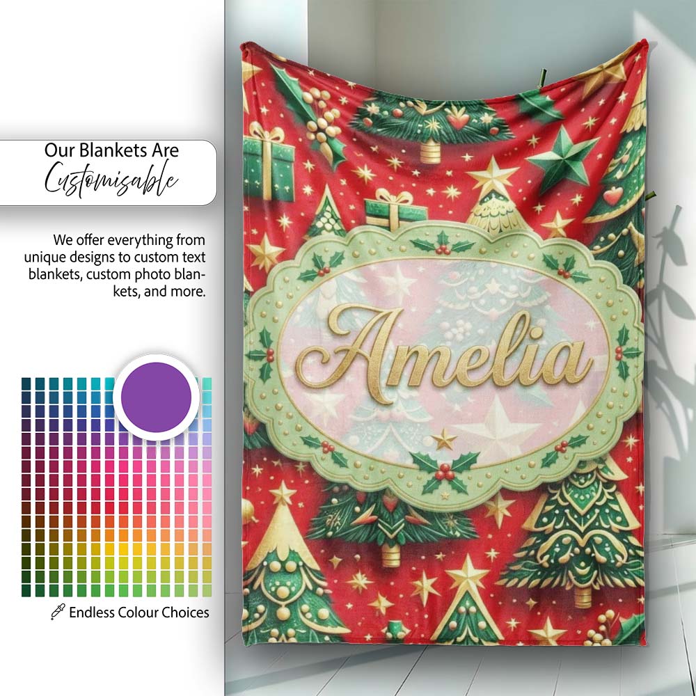 Luxury Christmas Trees with Gold Stars Gifts and Ornaments on Red  Personalised Custom Name Super Soft Fleece Blanket Bed Sofa Throw