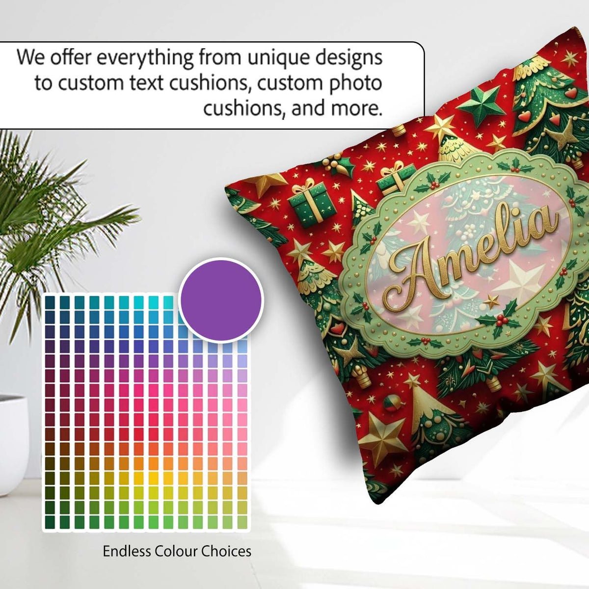 Custom Name Luxury Christmas Trees with Gold Stars Gifts and Red Square Filled Cushion Throw Pillow Sofa Bed Home Decor Zip Washable UK Made