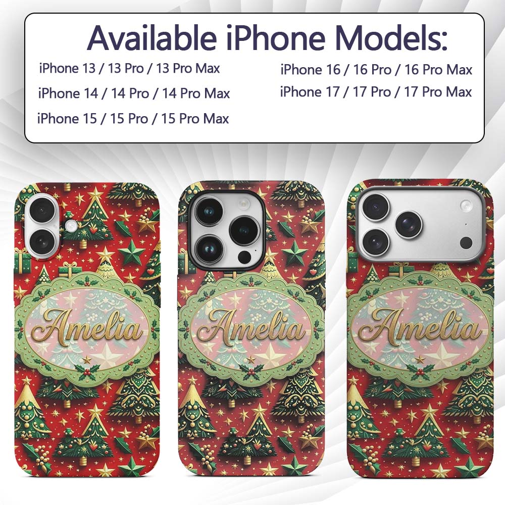 Luxury Christmas Trees with Gold Stars Gifts and Custom Name Protective Phone Case Mobile Cover Durable Everyday Smartphone Shock Resistant