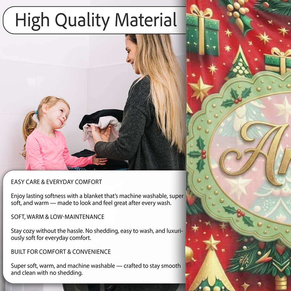 Luxury Christmas Trees with Gold Stars Gifts and Ornaments on Red  Personalised Custom Name Super Soft Fleece Blanket Bed Sofa Throw