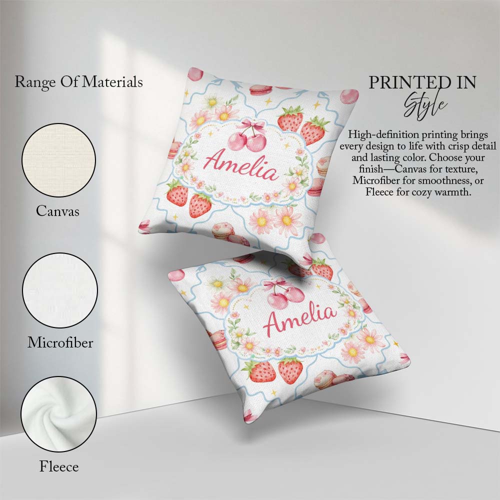 Custom Name Cherry Daisy White Blue Outline Cute Coquette Floral Square Filled Cushion Throw Pillow Sofa Bed Home Decor Zip Washable UK Made