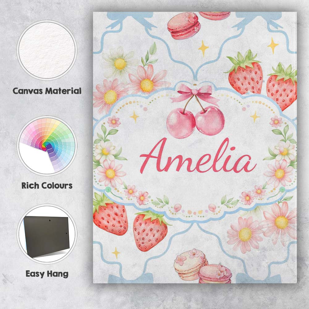 Personalised Name Strawberry Cherry Daisy White Blue Outline Cute Custom  Bespoke Canvas Wall Art Print Decor Picture Ready to Hang
