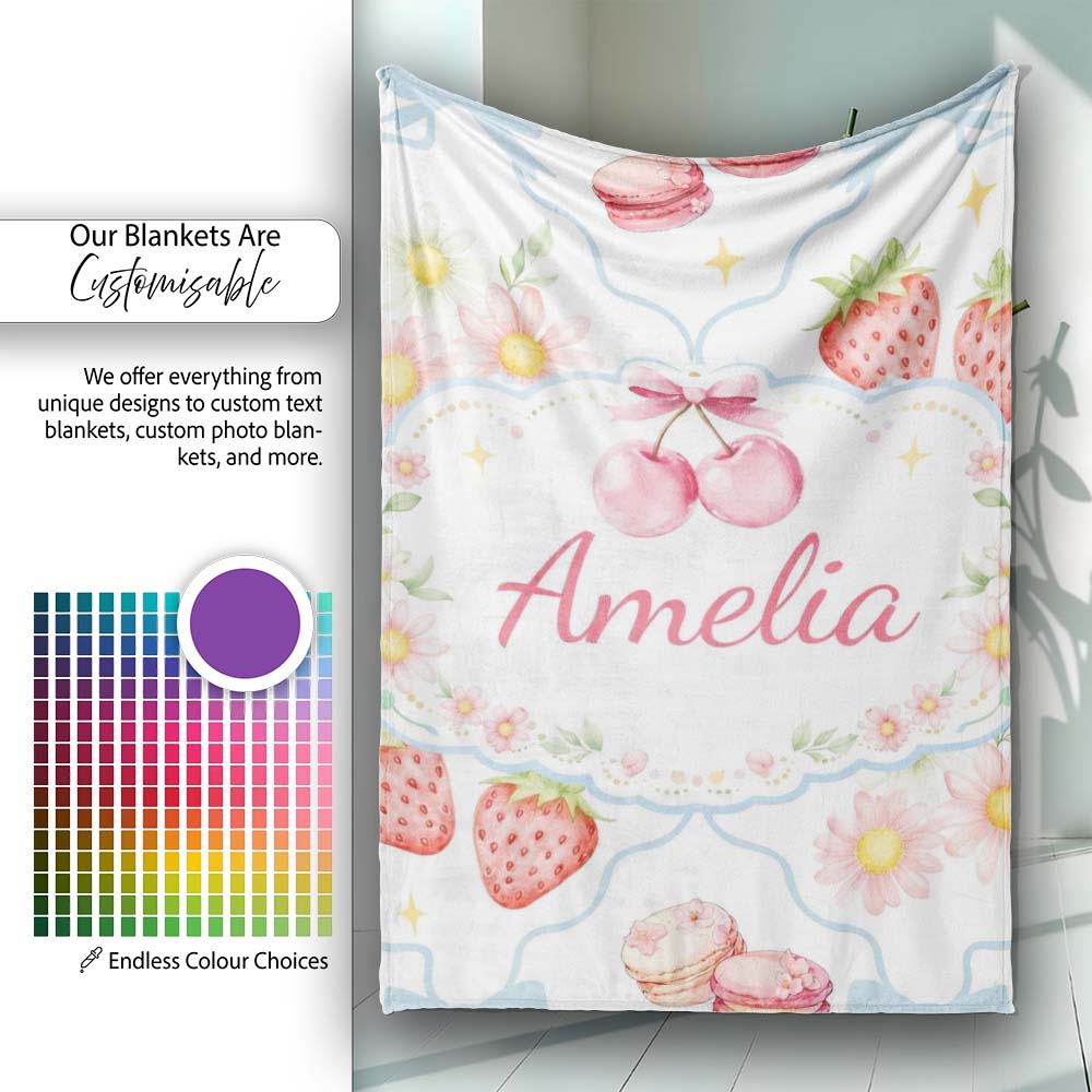 Strawberry Cherry Daisy White Blue Outline Cute Coquette Floral  Personalised Custom Name Super Soft Fleece Blanket Bed Sofa Throw