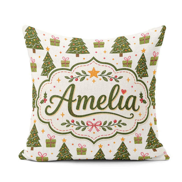 Custom Name Minimal Trees with Small Gifts Cute Holiday Seamless Square Filled Cushion Throw Pillow Sofa Bed Home Decor Zip Washable UK Made