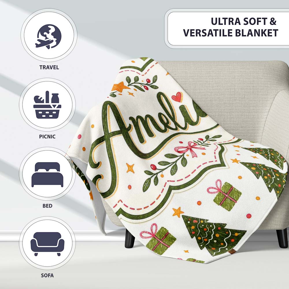 Minimal Christmas Trees with Small Gifts Cute Holiday Seamless  Personalised Custom Name Super Soft Fleece Blanket Bed Sofa Throw