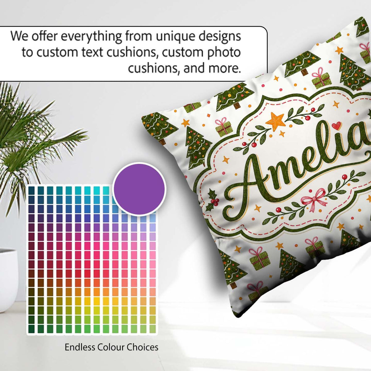 Custom Name Minimal Trees with Small Gifts Cute Holiday Seamless Square Filled Cushion Throw Pillow Sofa Bed Home Decor Zip Washable UK Made