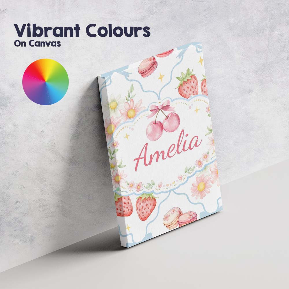 Personalised Name Strawberry Cherry Daisy White Blue Outline Cute Custom  Bespoke Canvas Wall Art Print Decor Picture Ready to Hang