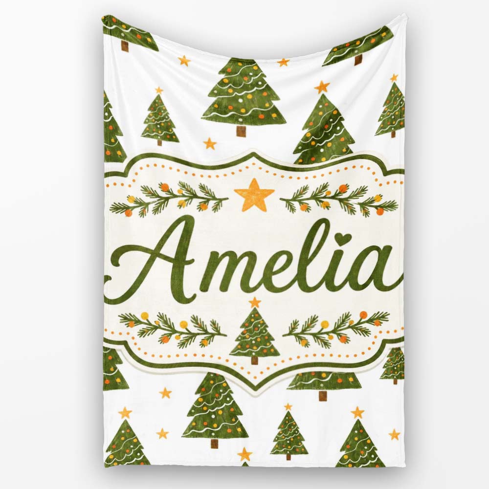 Cute Christmas Trees with Golden Stars Minimal Holiday Seamless  Personalised Custom Name Super Soft Fleece Blanket Bed Sofa Throw