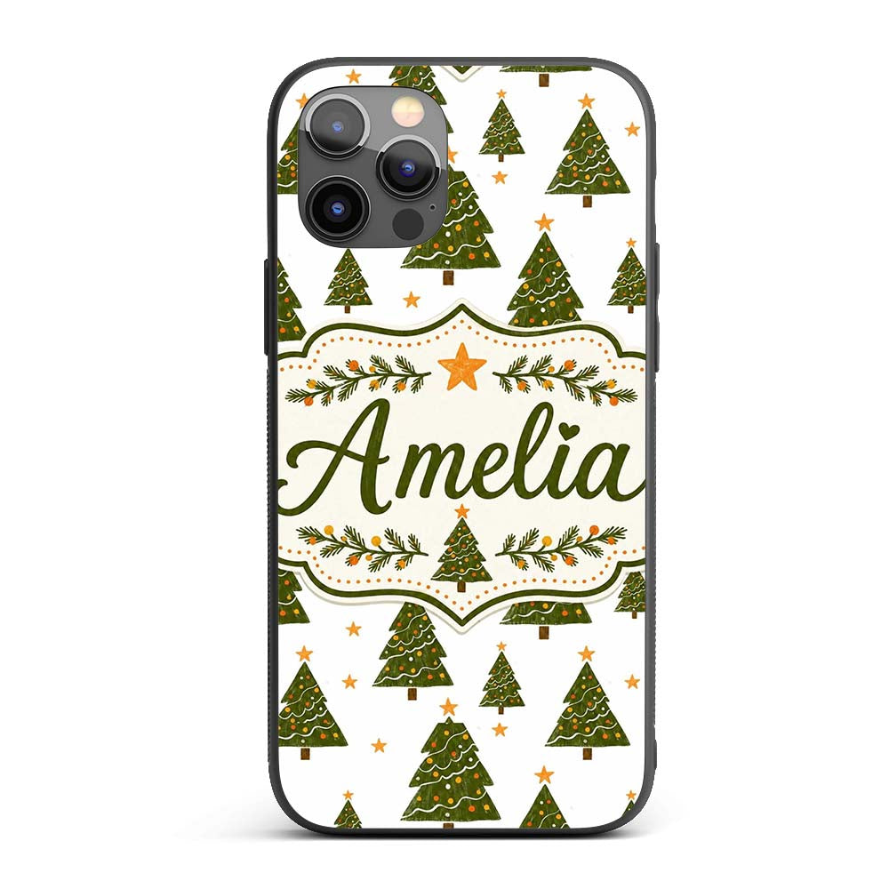 Cute Christmas Trees with Golden Stars Minimal Custom Name Protective Phone Case Mobile Cover Durable Everyday Smartphone Shock Resistant