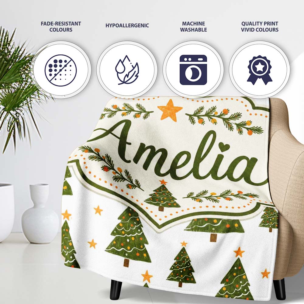 Cute Christmas Trees with Golden Stars Minimal Holiday Seamless  Personalised Custom Name Super Soft Fleece Blanket Bed Sofa Throw