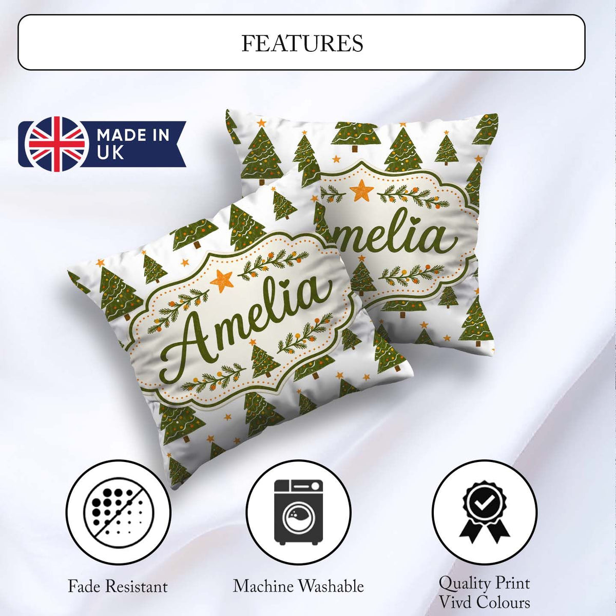 Custom Name Christmas Trees with Golden Minimal Holiday Seamless Square Filled Cushion Throw Pillow Sofa Bed Home Decor Zip Washable UK Made