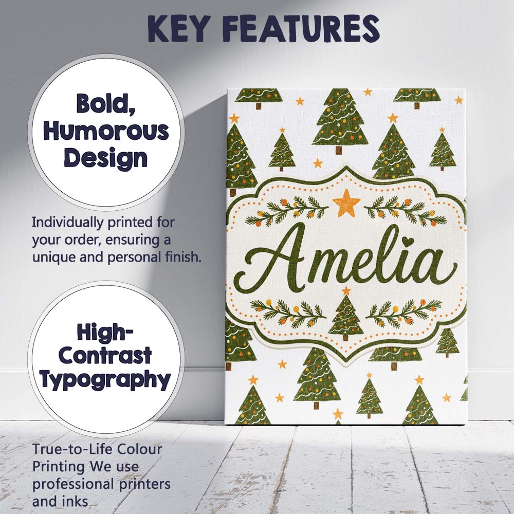 Personalised Name Cute Christmas Trees with Custom  Bespoke Interior Contemporary Canvas Wall Art Print Decor Picture Ready to Hang