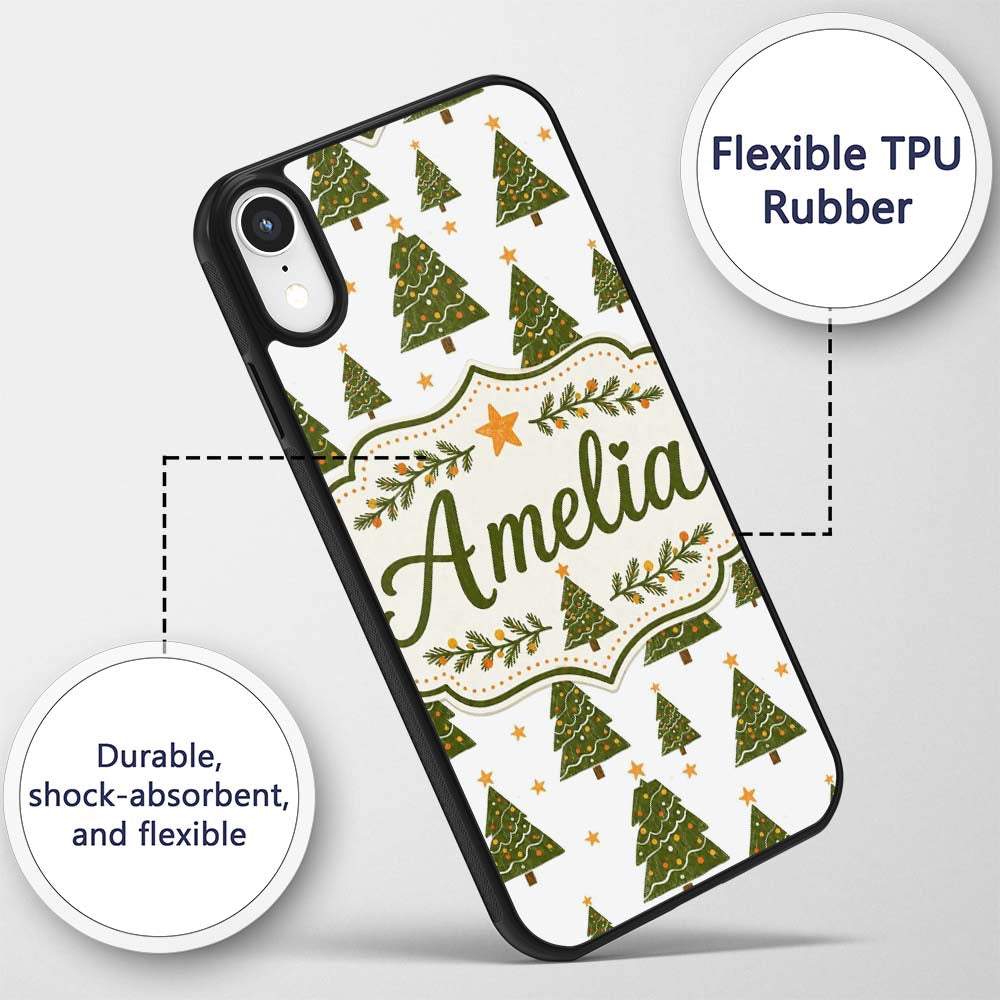 Cute Christmas Trees with Golden Stars Minimal Custom Name Protective Phone Case Mobile Cover Durable Everyday Smartphone Shock Resistant