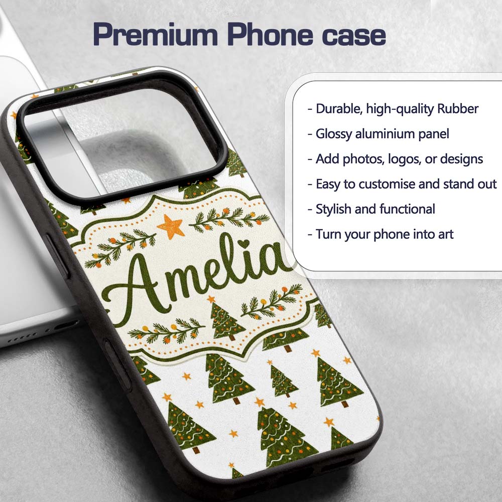Cute Christmas Trees with Golden Stars Minimal Custom Name Protective Phone Case Mobile Cover Durable Everyday Smartphone Shock Resistant