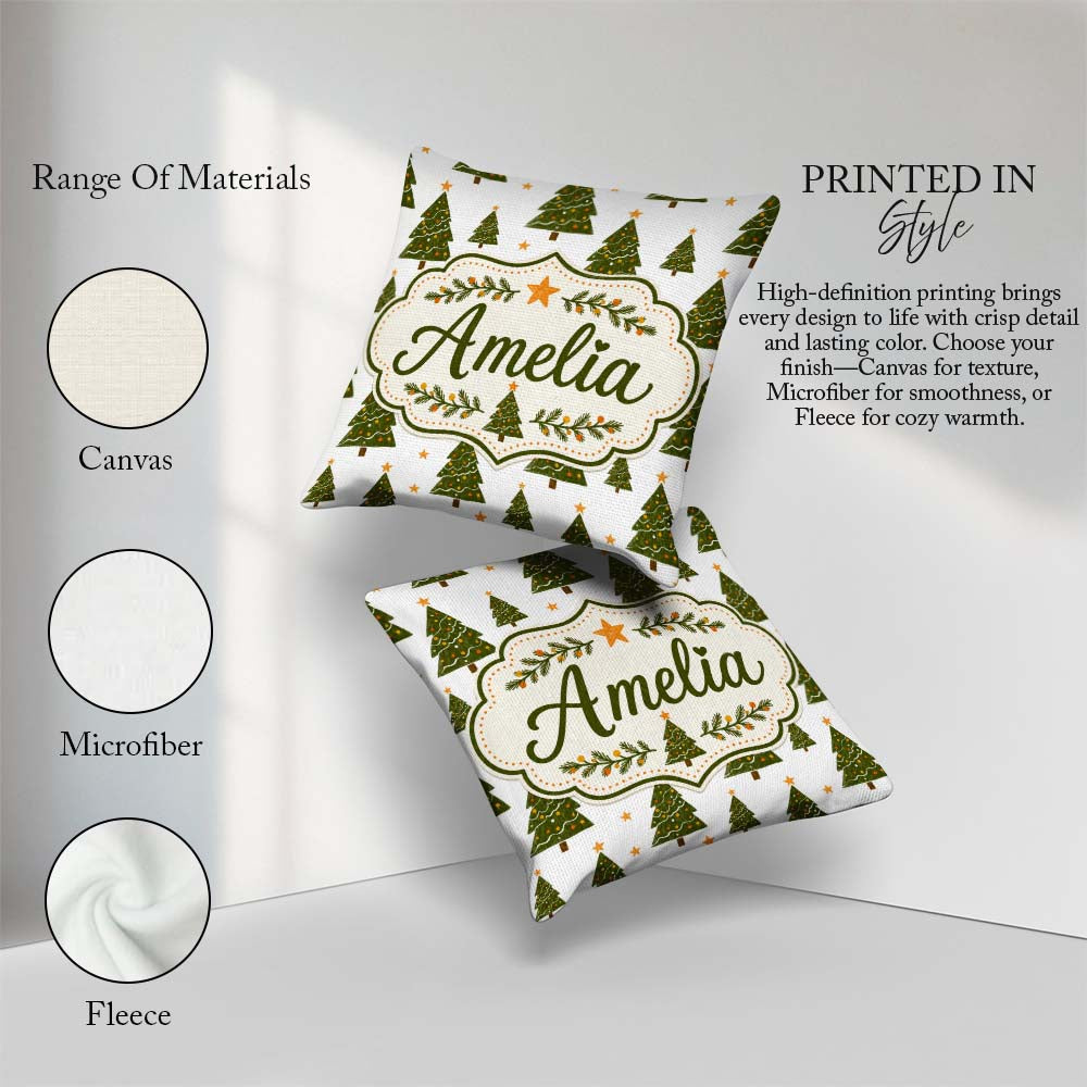 Custom Name Christmas Trees with Golden Minimal Holiday Seamless Square Filled Cushion Throw Pillow Sofa Bed Home Decor Zip Washable UK Made
