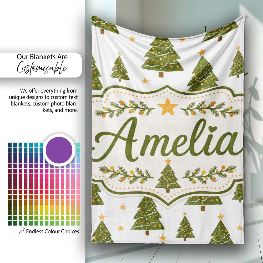 Cute Christmas Trees with Golden Stars Minimal Holiday Seamless  Personalised Custom Name Super Soft Fleece Blanket Bed Sofa Throw