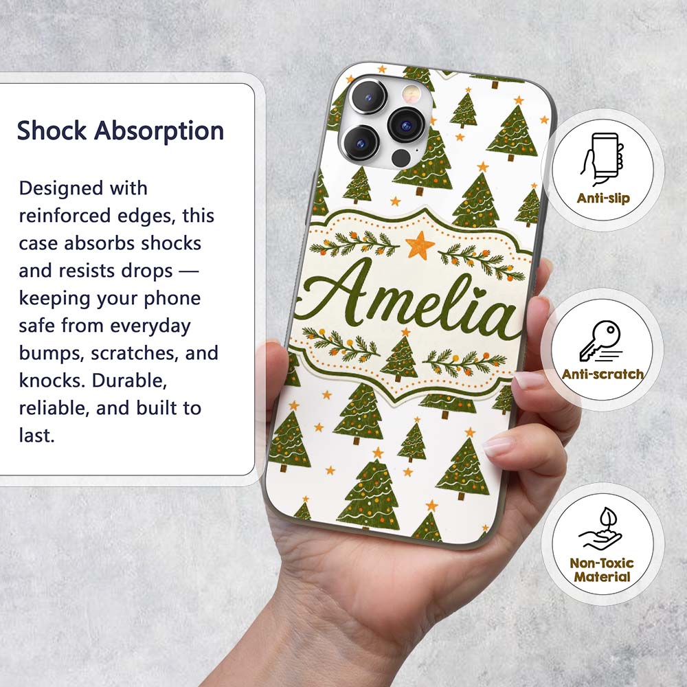 Cute Christmas Trees with Golden Stars Minimal Custom Name Protective Phone Case Mobile Cover Durable Everyday Smartphone Shock Resistant