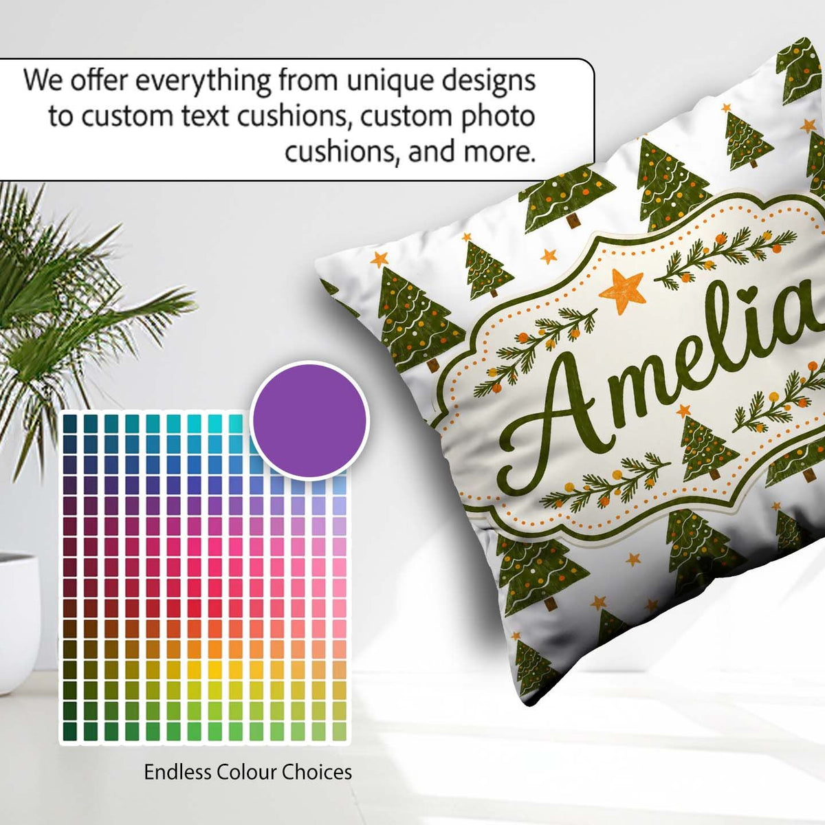 Custom Name Christmas Trees with Golden Minimal Holiday Seamless Square Filled Cushion Throw Pillow Sofa Bed Home Decor Zip Washable UK Made