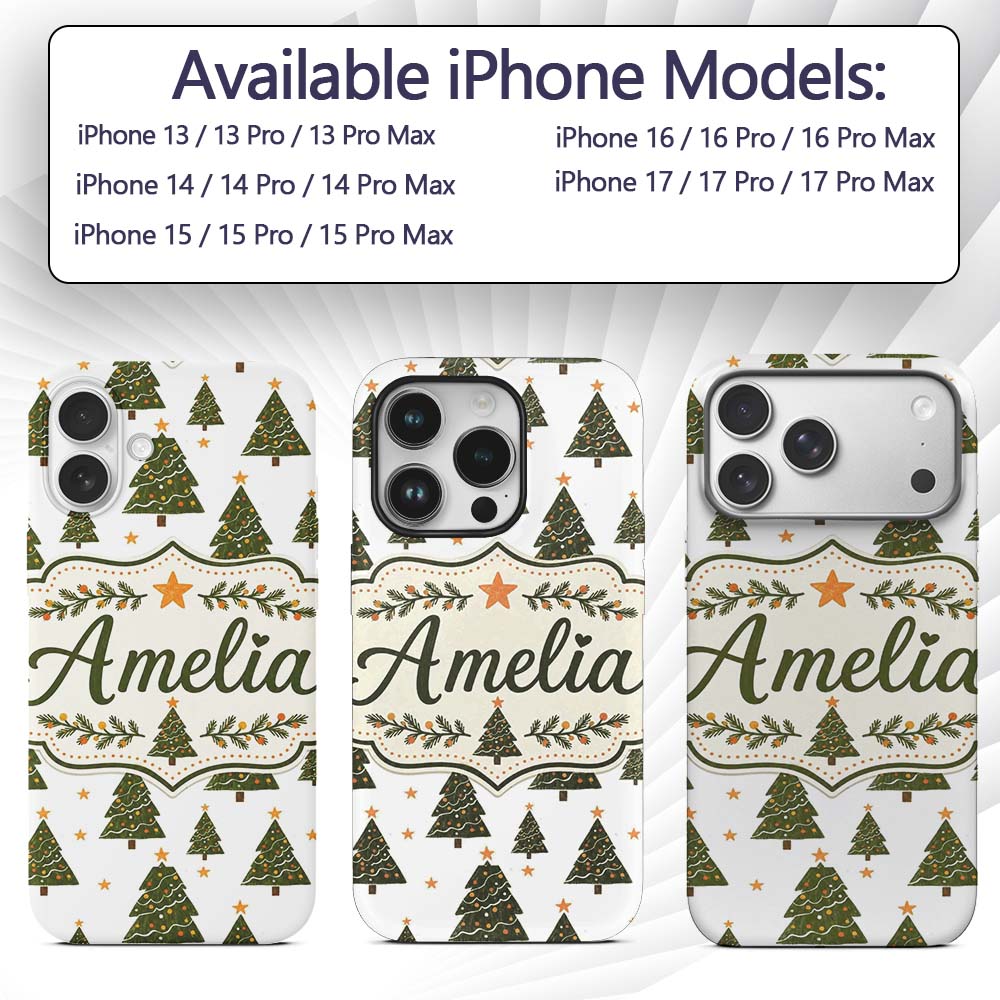 Cute Christmas Trees with Golden Stars Minimal Custom Name Protective Phone Case Mobile Cover Durable Everyday Smartphone Shock Resistant