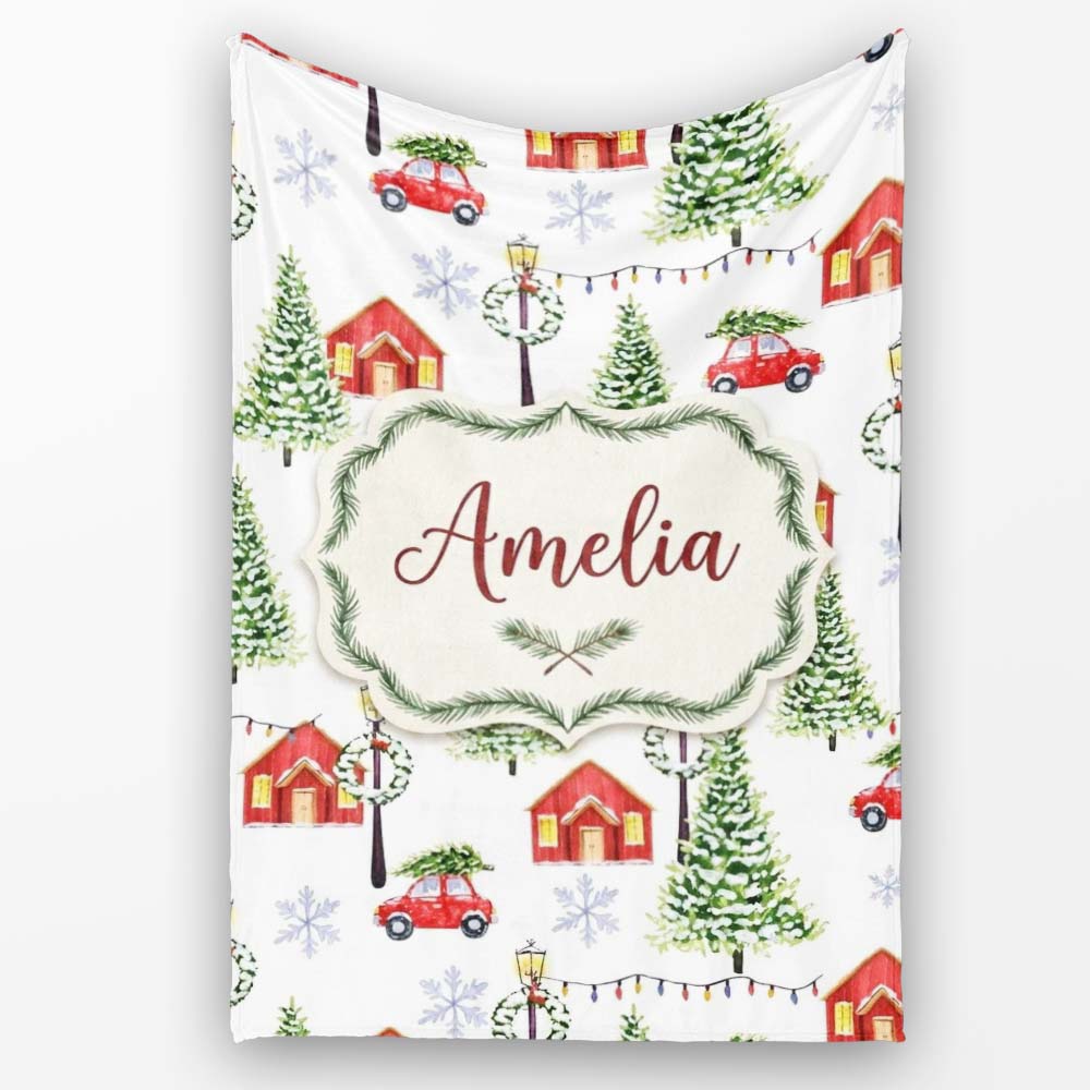 Watercolor Christmas Village with Red Houses Cars and Snowy Trees  Personalised Custom Name Super Soft Fleece Blanket Bed Sofa Throw