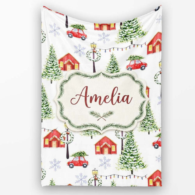 Watercolor Christmas Village with Red Houses Cars and Snowy Trees  Personalised Custom Name Super Soft Fleece Blanket Bed Sofa Throw