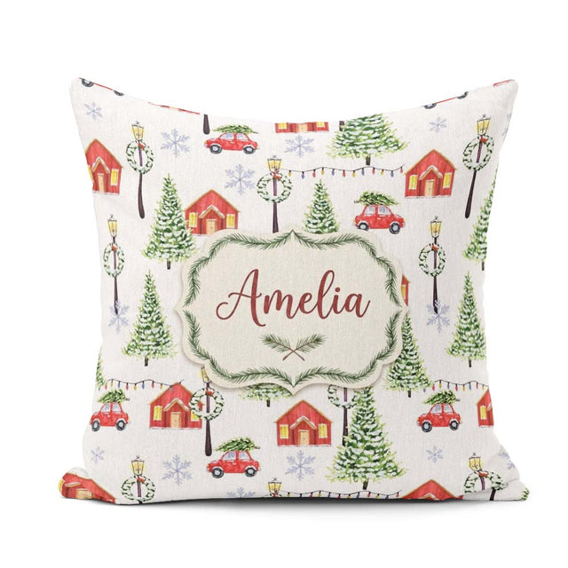 Custom Name Watercolor Christmas Village with Red Cars and Snowy Square Filled Cushion Throw Pillow Sofa Bed Home Decor Zip Washable UK Made