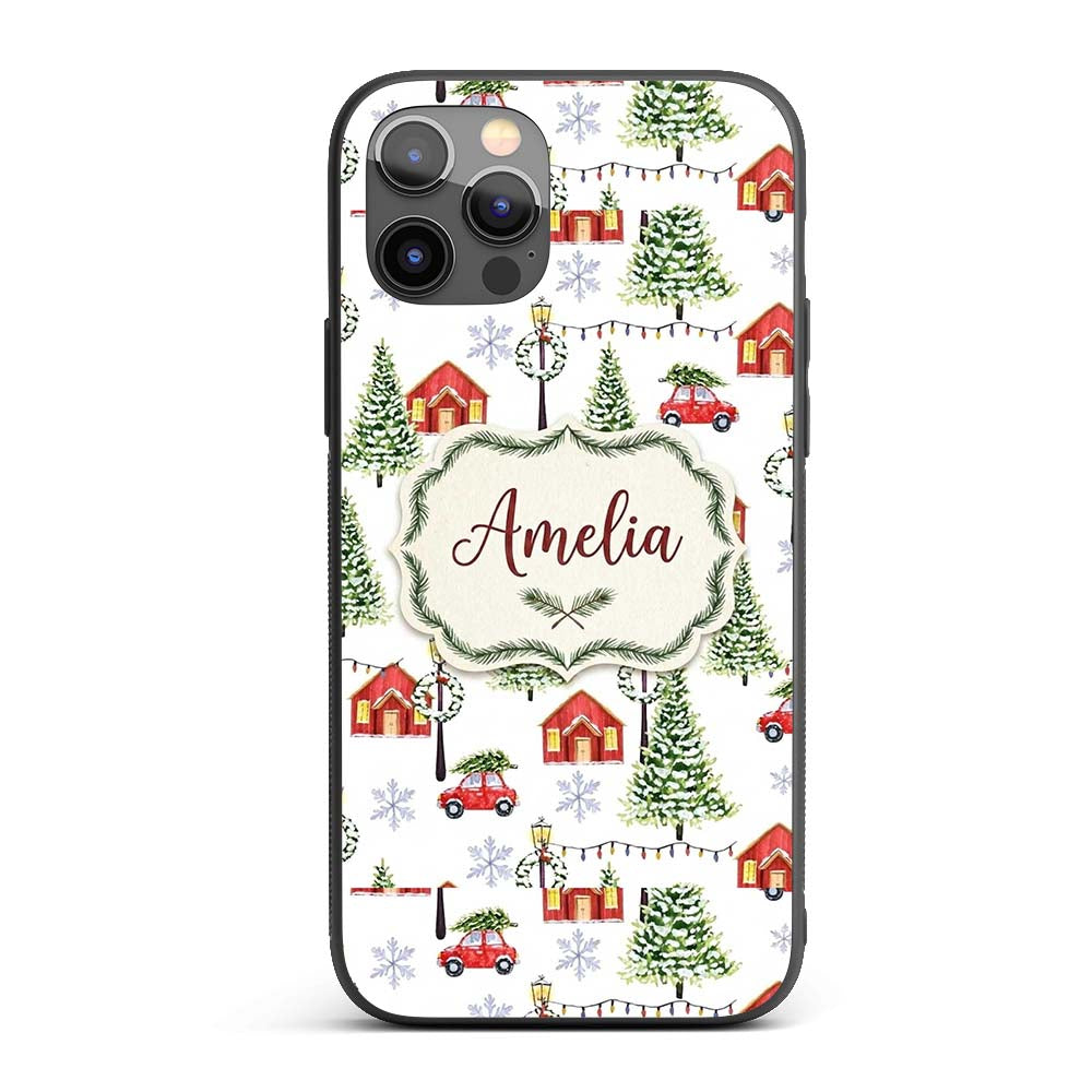 Watercolor Christmas Village with Red Houses Cars Custom Name Protective Phone Case Mobile Cover Durable Everyday Smartphone Shock Resistant