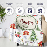 Watercolor Christmas Village with Red Houses Cars and Snowy Trees  Personalised Custom Name Super Soft Fleece Blanket Bed Sofa Throw