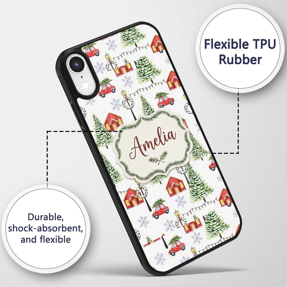 Watercolor Christmas Village with Red Houses Cars Custom Name Protective Phone Case Mobile Cover Durable Everyday Smartphone Shock Resistant