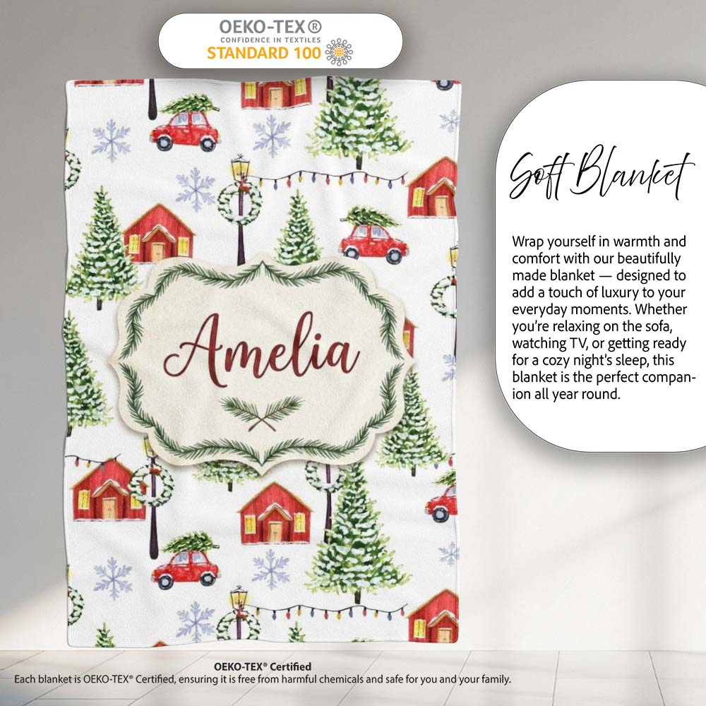 Watercolor Christmas Village with Red Houses Cars and Snowy Trees  Personalised Custom Name Super Soft Fleece Blanket Bed Sofa Throw